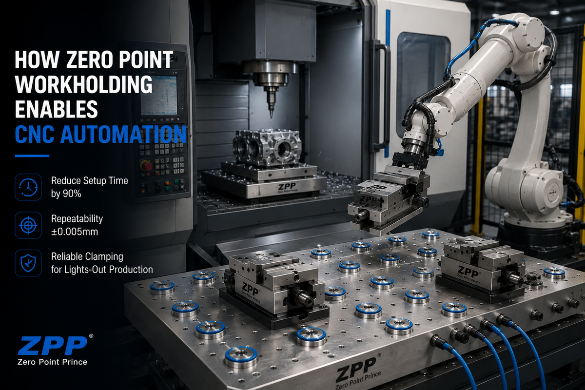 Robot loading a ZPP CNC vise onto a zero point clamping plate inside an automated CNC machining cell