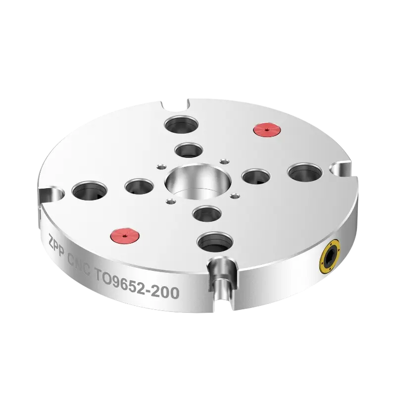 ZPP through-hole compatible zero point quick-change plate for bar feeding and central access CNC setups.