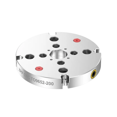 ZPP through-hole compatible zero point quick-change plate for bar feeding and central access CNC setups.